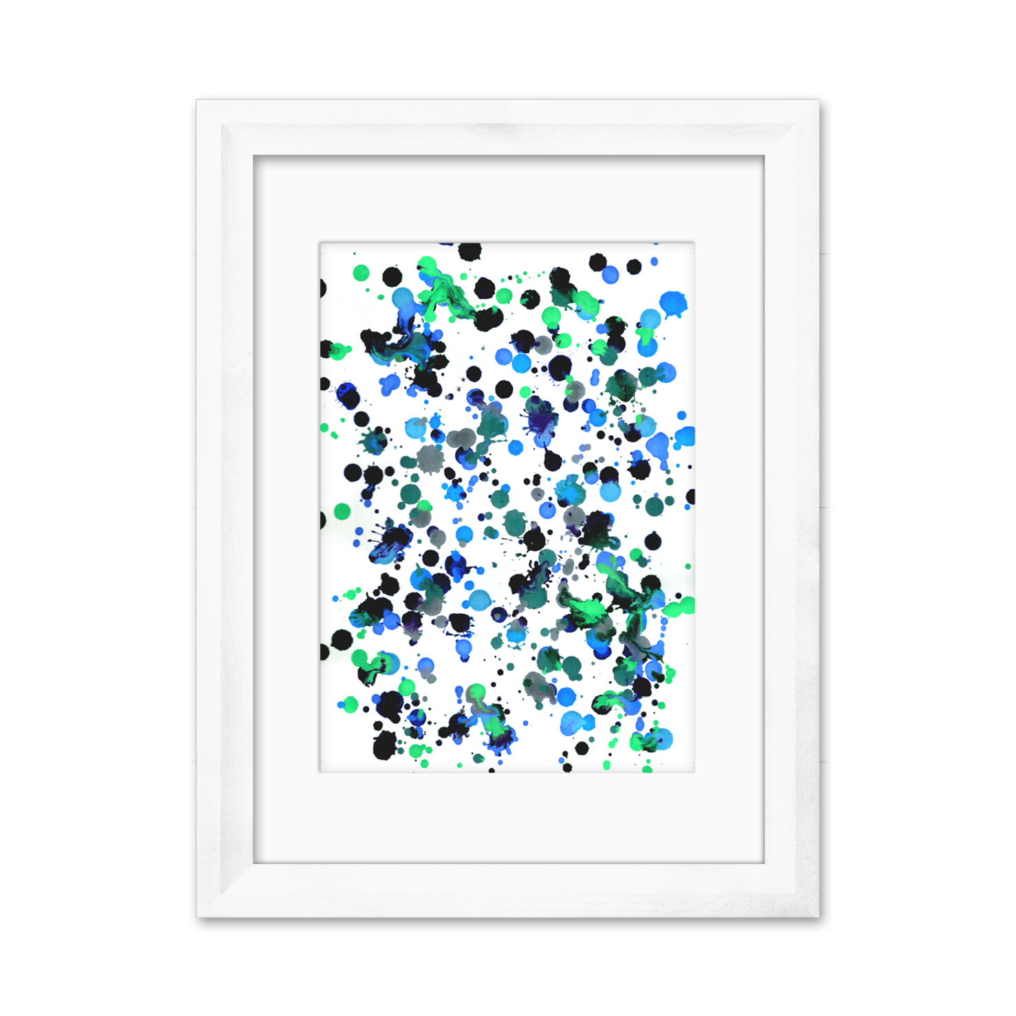 Acrylic dots in multiple blue tones.